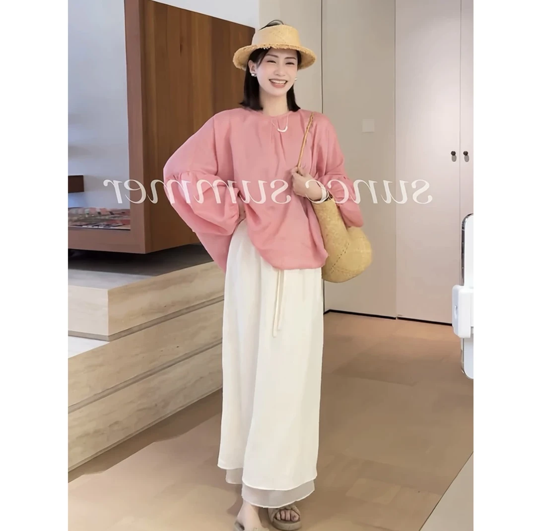 （爆汁蜜桃）温柔粉色绑带苎麻防晒衬衫女上衣or白色肌理感半裙C835