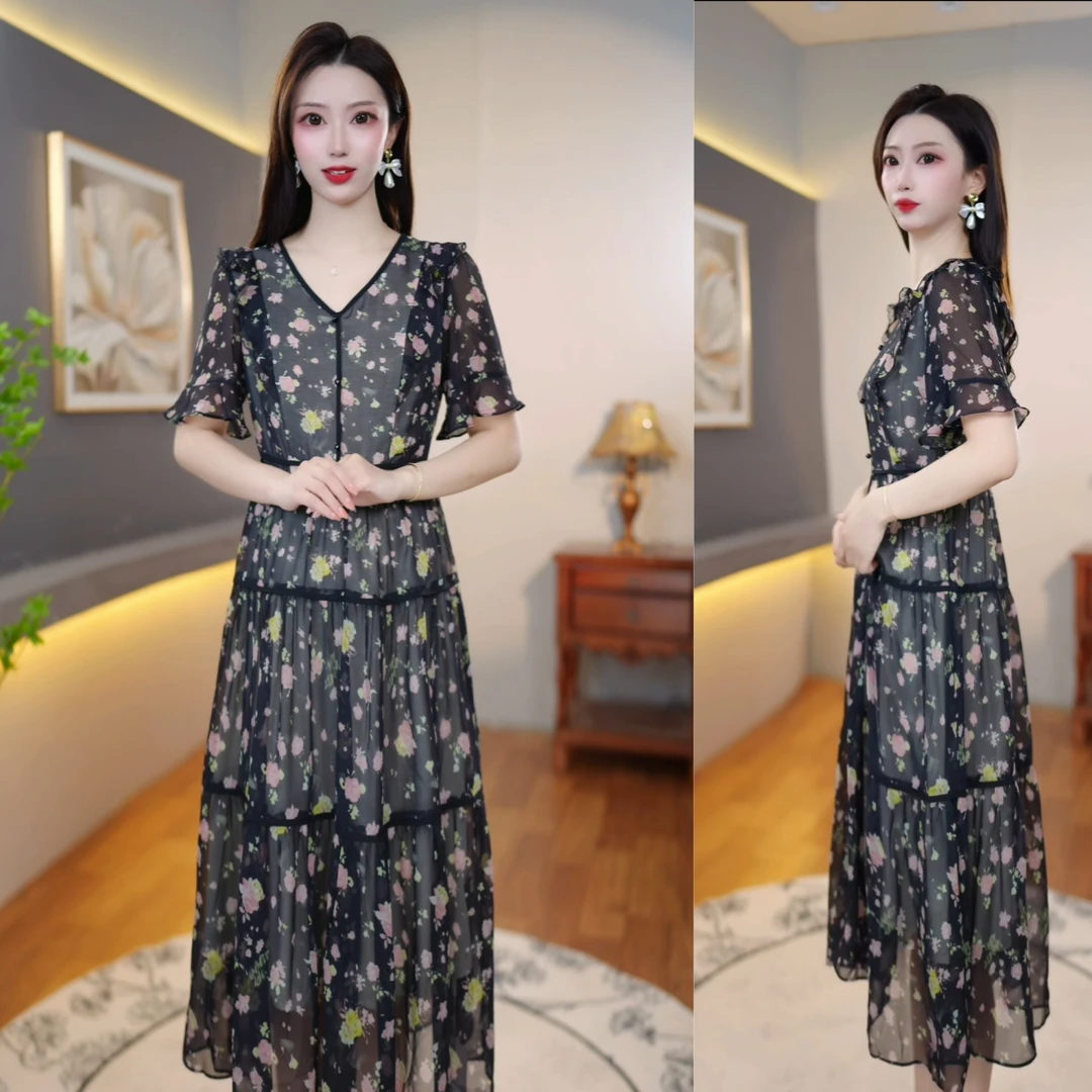 [连衣裙]A6夏季新款时尚碎花印花连衣裙女洋气减龄遮肉显瘦中长款