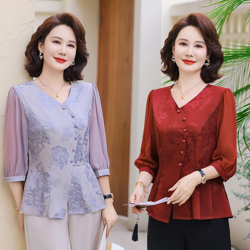 时尚中年妈妈新中式夏装中袖T恤上衣中老年女夏季洋气两件套新款