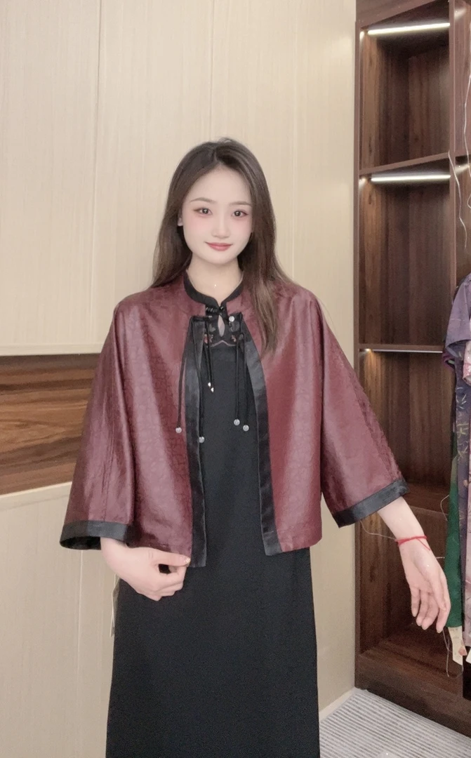 8881新中式国风女装纯色百搭龟裂纹油面老料双面穿圆领新款外套