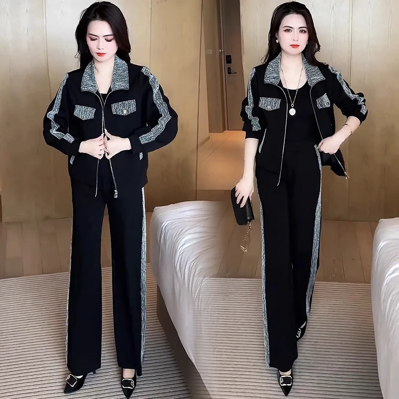 休闲运动套装女2025春季新款洋气质显瘦立领开衫阔腿裤时尚两件套