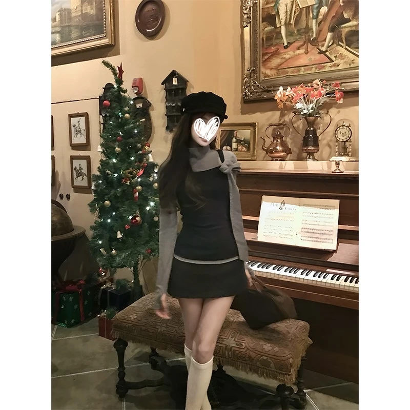 艺等2025学院风高级设计感飘带长袖T恤两件套修身显瘦百搭女上衣