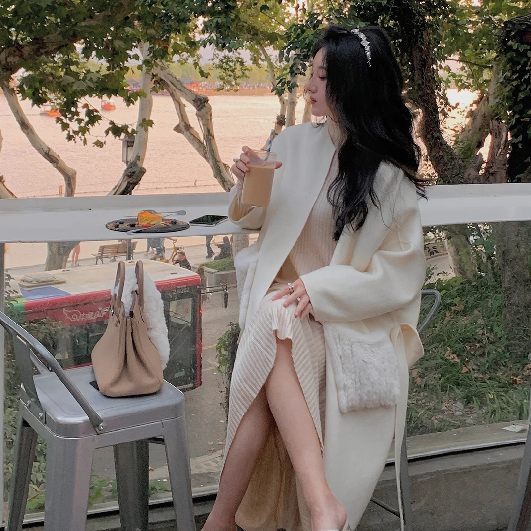 美娇专属  大衣女中长款秋冬季赫本风毛呢外套CY-W21282