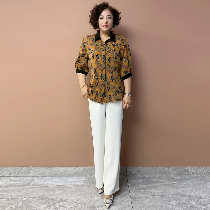 2515妈妈夏装花色衬衫女新款短袖薄款真丝上衣宽松遮肚子50岁衬衣