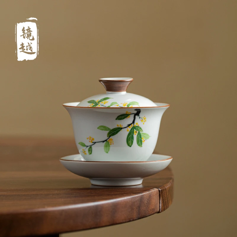 天青手绘桂花三才盖碗大号高端陶瓷泡茶碗家用防烫带盖茶具