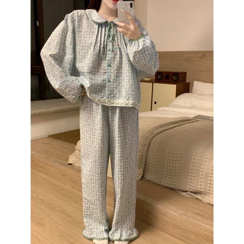 2025春季甜美碎花格子可爱娃娃领宽松舒适秋季长袖长裤家居服套装