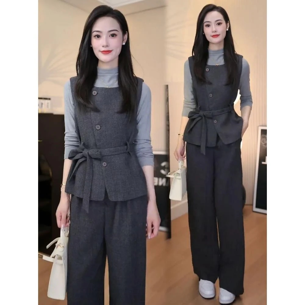 时尚套装女2025秋季新款显瘦无袖马甲打底上衣阔腿裤洋气三件套潮