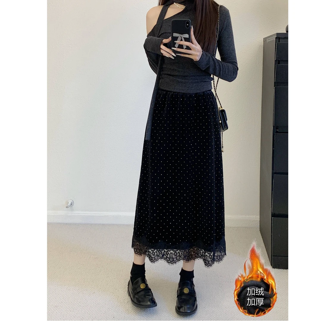 大码女装胖MM秋冬季加绒加厚波点蕾丝边半身裙-6800