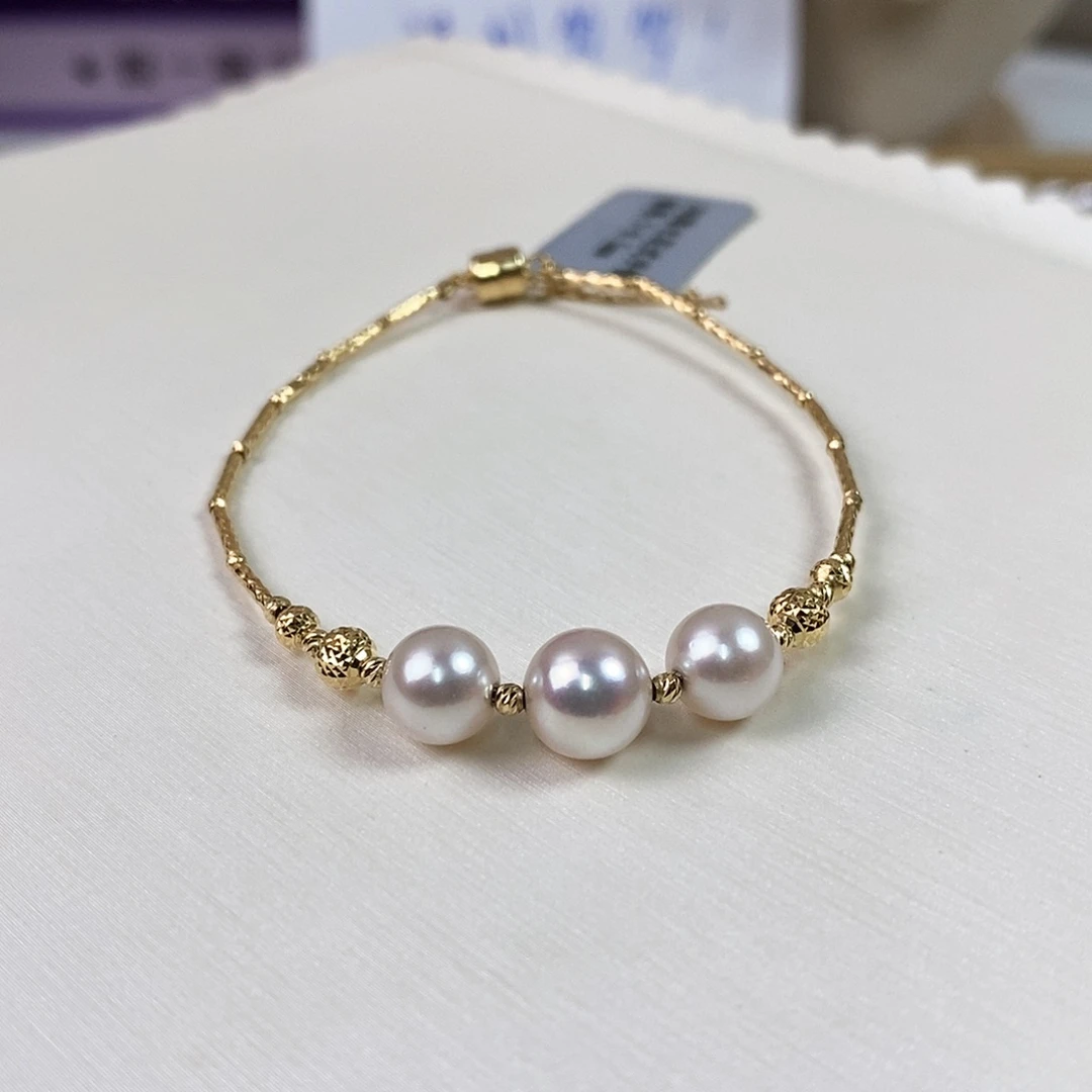 海水珍珠18K金镶嵌手链7-8.5m日本海水珍珠手链（极微瑕）