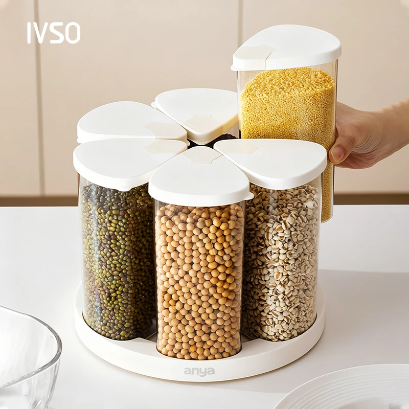 IVSO花瓣旋转杂粮罐家用厨房五谷杂粮收纳盒带盖防尘密封存储罐