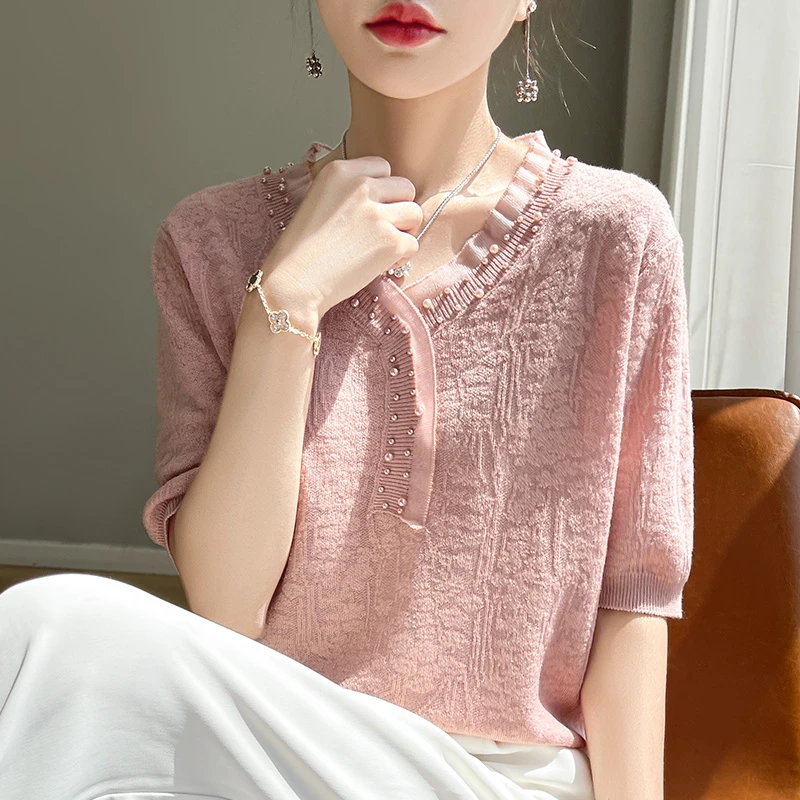 品牌女装正品2025春秋新款钉珠长袖针织衫气质时尚宽松薄款纯色
