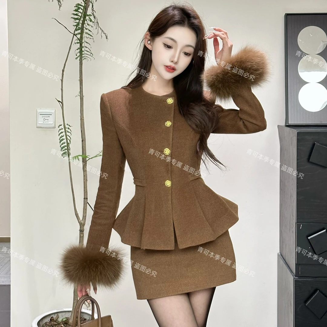 【kiki专属羽绒狐狸毛套装】「冬日摩卡」时尚轻奢法式设计感高腰