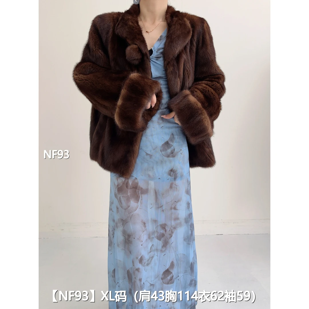 【NF93】XL 焦糖棕短款全抽貂皮水貂外套女 翻立领挽袖 06093