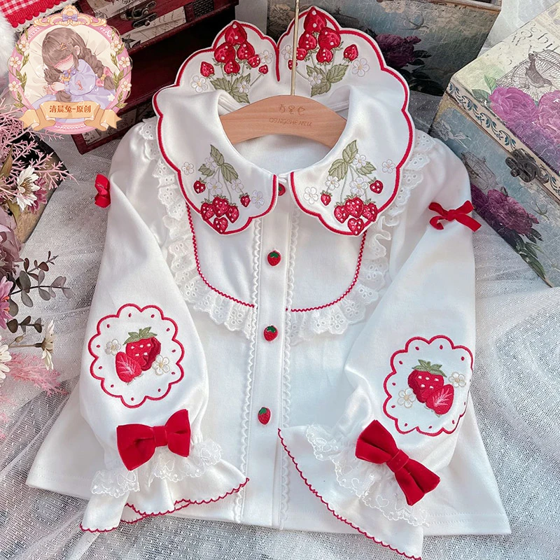 清晨兔原创童装儿童衬衫女童草莓翻领开衫上衣刺绣打底内搭衬衣