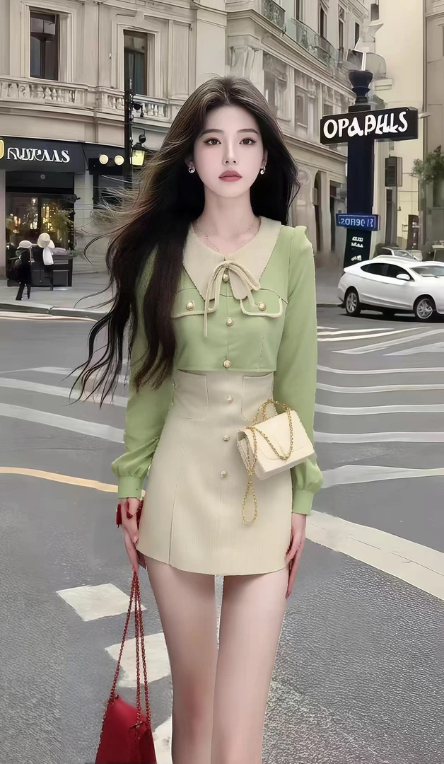 法式少女风氛围感穿搭绿色圆领长袖短款上衣+高腰百搭半身裙套装