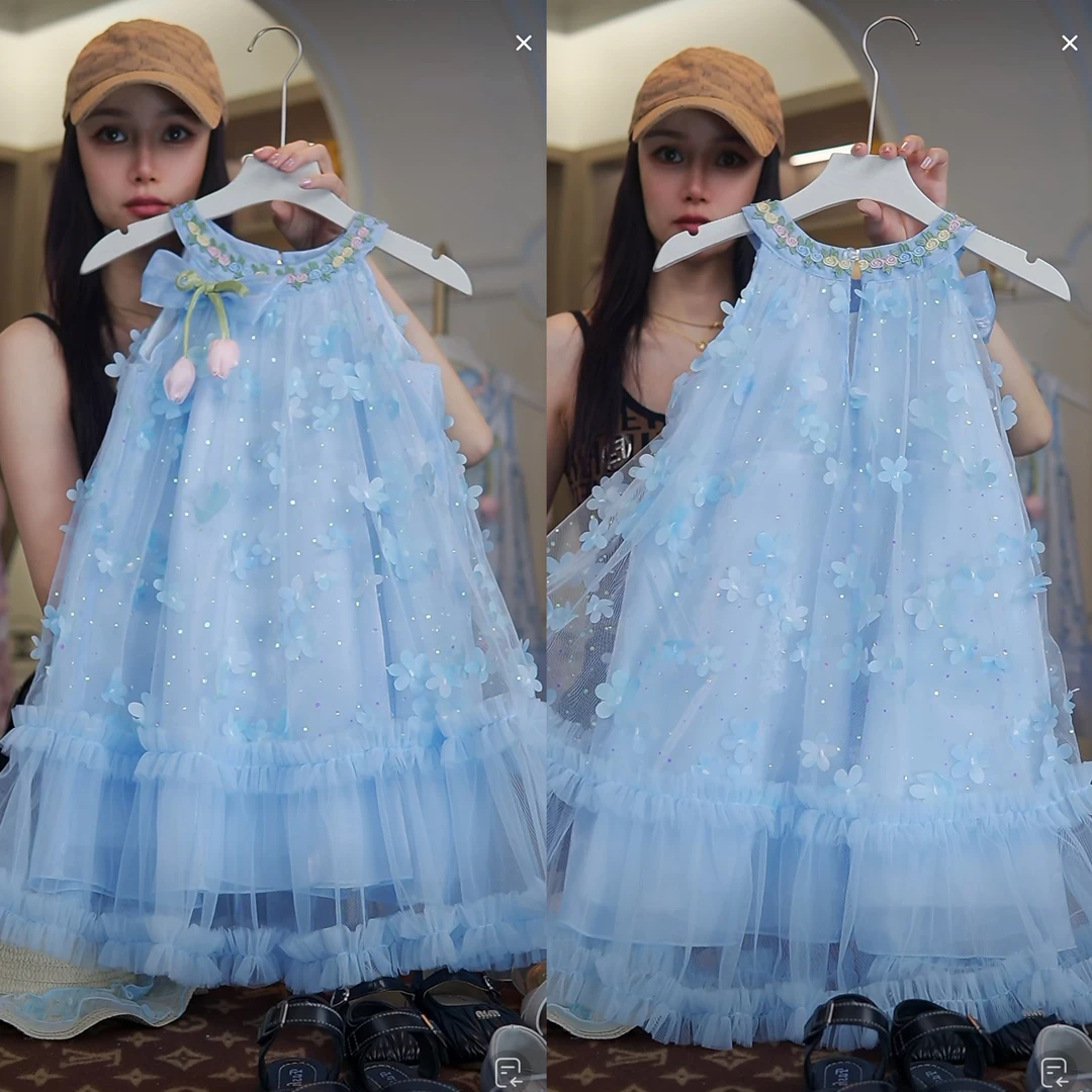AYJ250300 女童夏款气质蓝色网纱洋气公主裙