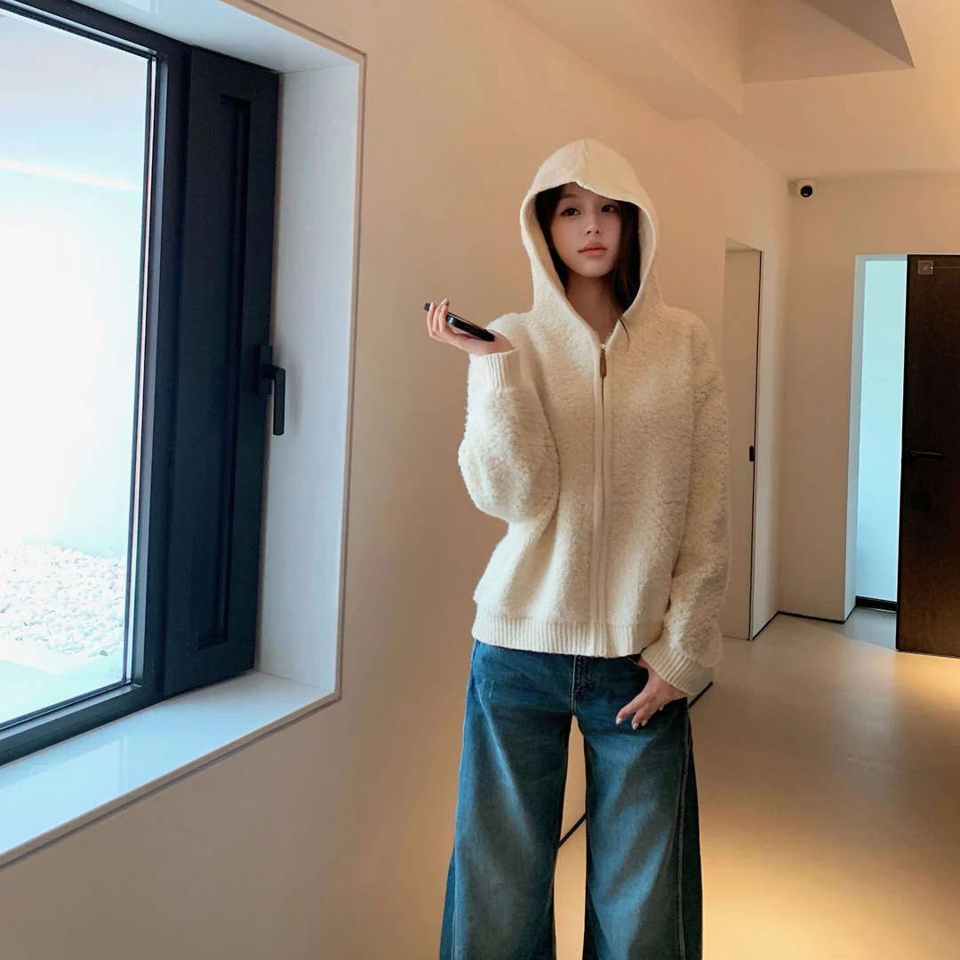 pimpimxin韩系奶白色羊羔毛连帽拉链开衫上衣百搭宽松毛衣外套女