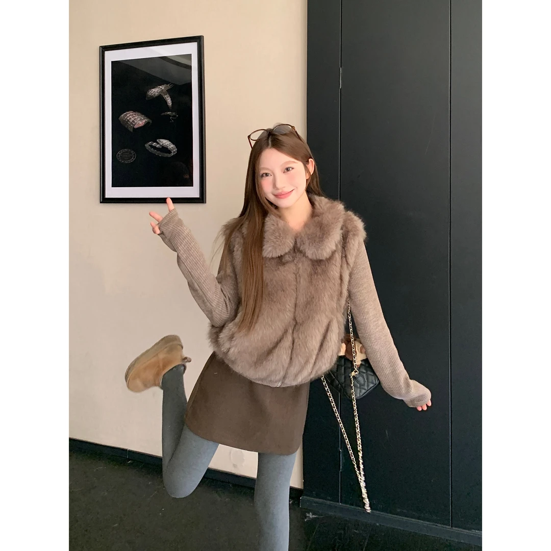 2025秋冬新款复古时尚百搭仿皮草翻领拼接假两件毛毛外套女装chic