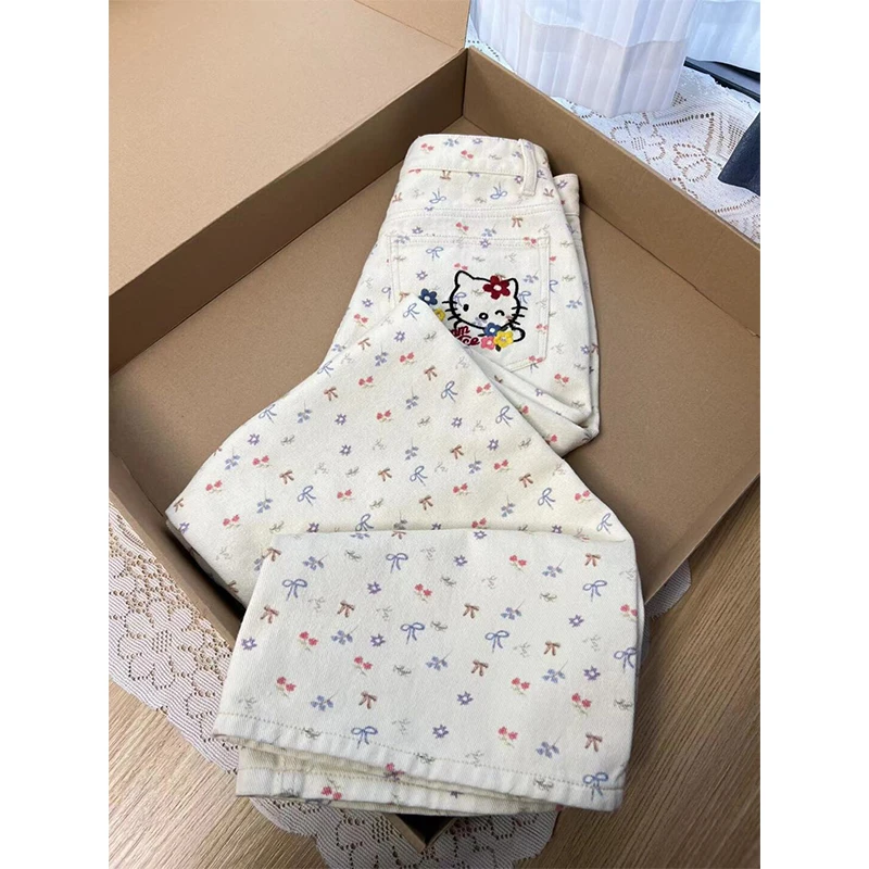 碎花kitty刺绣设计感牛仔裤女夏季新款韩系少女感高腰拖地直筒裤