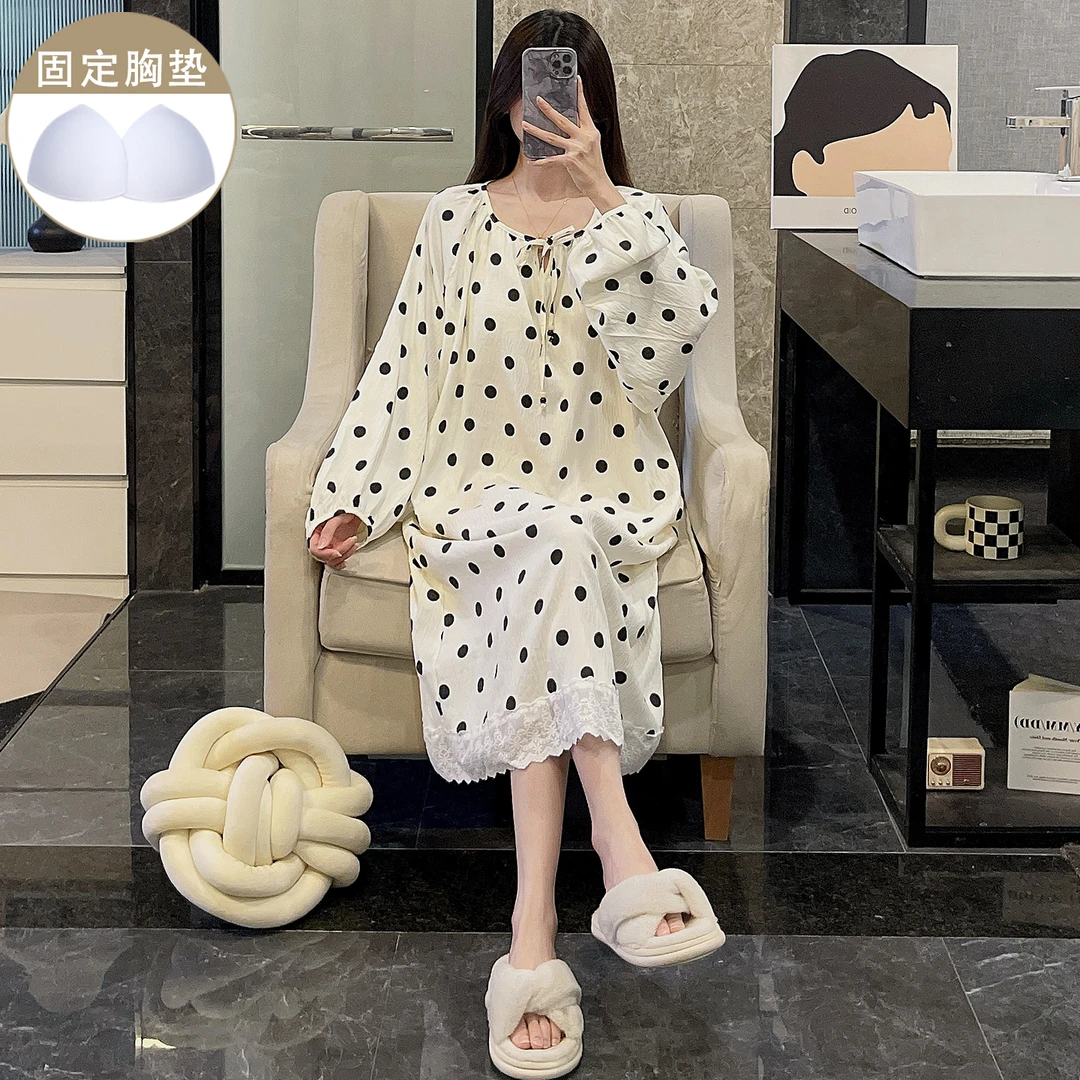黑色波点睡衣女大码长袖休闲带胸垫睡裙圆领宽松日系风学生家居服