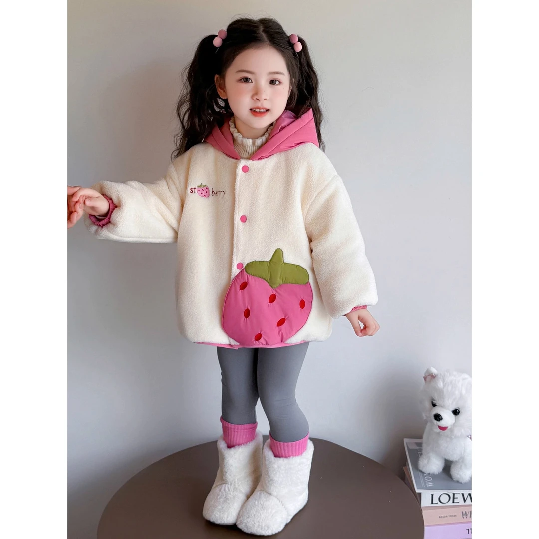 女童夹棉毛毛衣秋冬季2025新款甜美洋气儿童保暖冬装宽松连帽外套