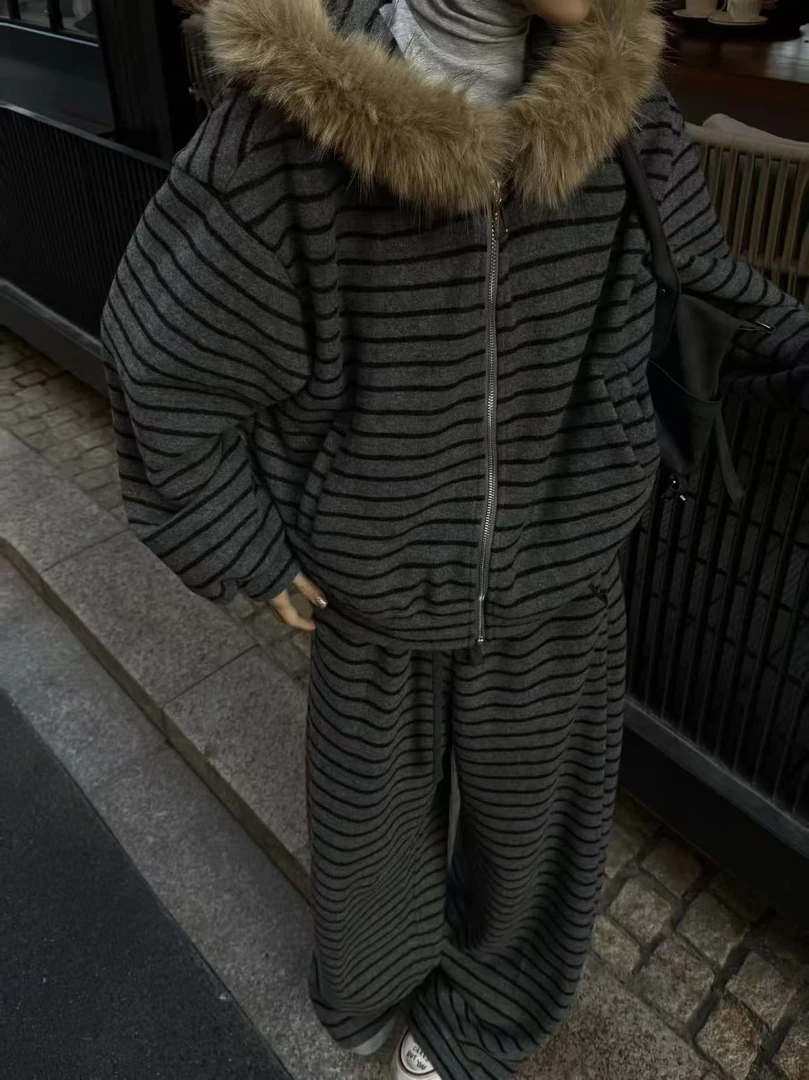 大码加厚可拆卸毛领上衣裤子两件套99719