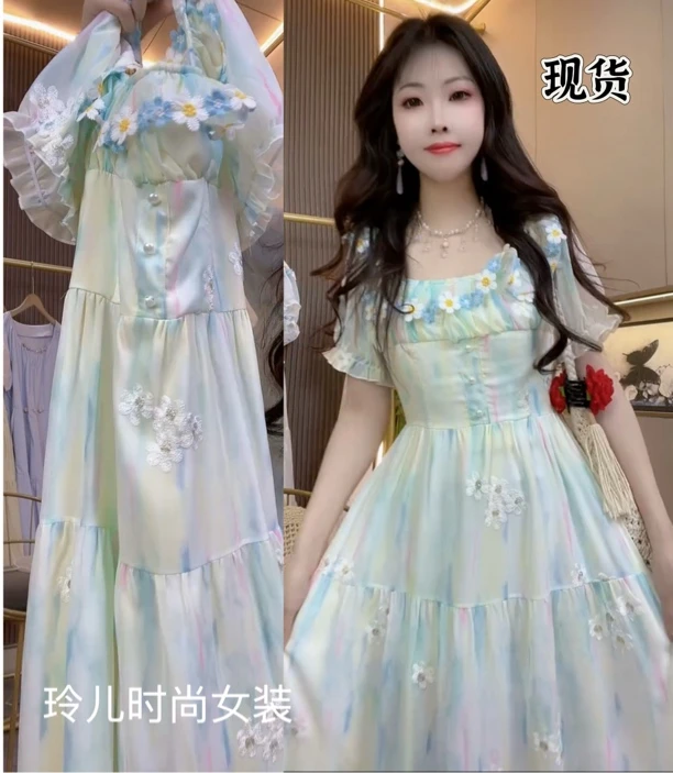 夏季女士方领收腰显瘦长款法式复古气质连衣裙