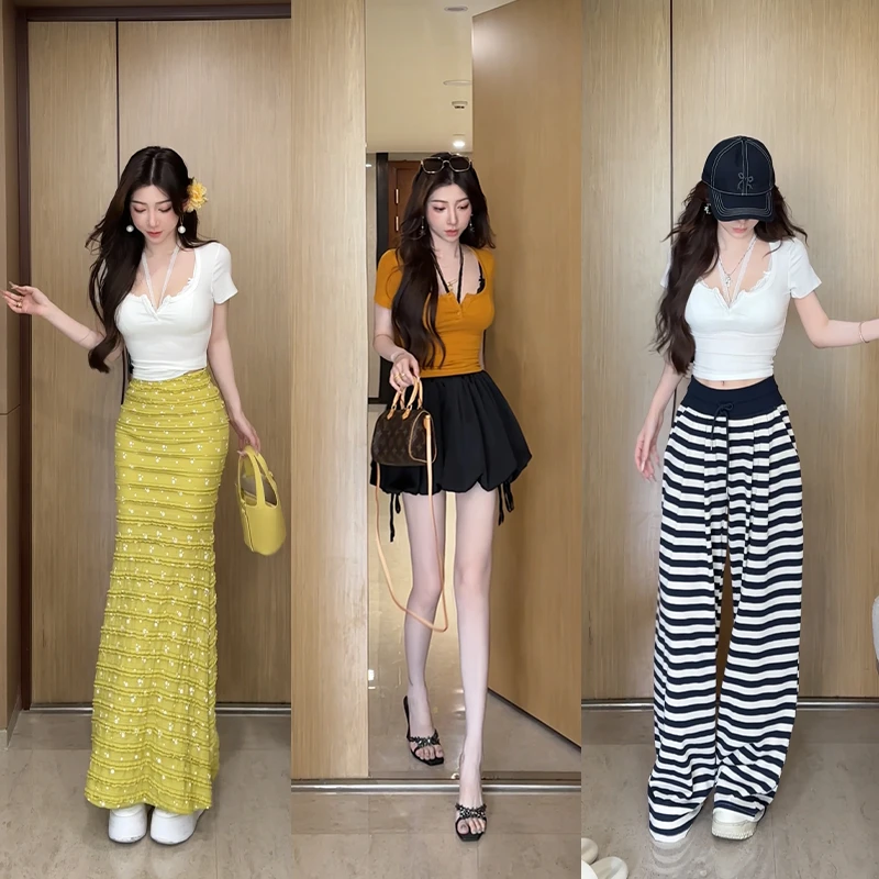 小雨姐姐【白苔T恤】时尚纯欲风性感U领修身休闲短袖T恤2025新款女