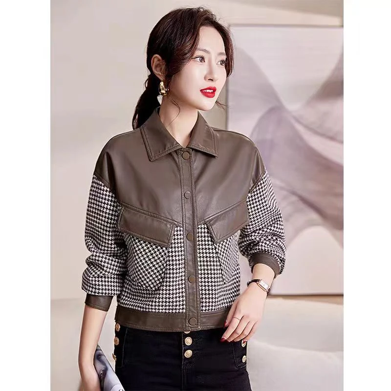 D52新款洋气百搭千鸟格拼接皮衣女网红爆款韩版ins潮显瘦外套
