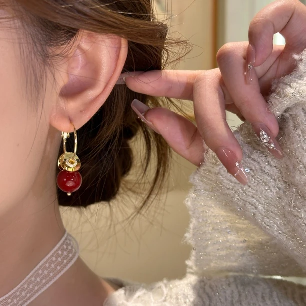 高级感气质红色珠珠耳坠小众百搭时尚轻奢耳饰A-151