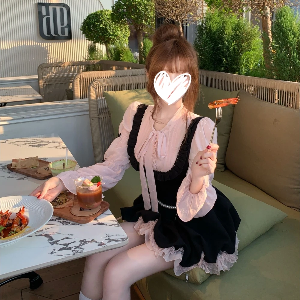 京州千金 秋季甜美风法式公主衬衫带连衣裙千金风衬衣+背带裙套装