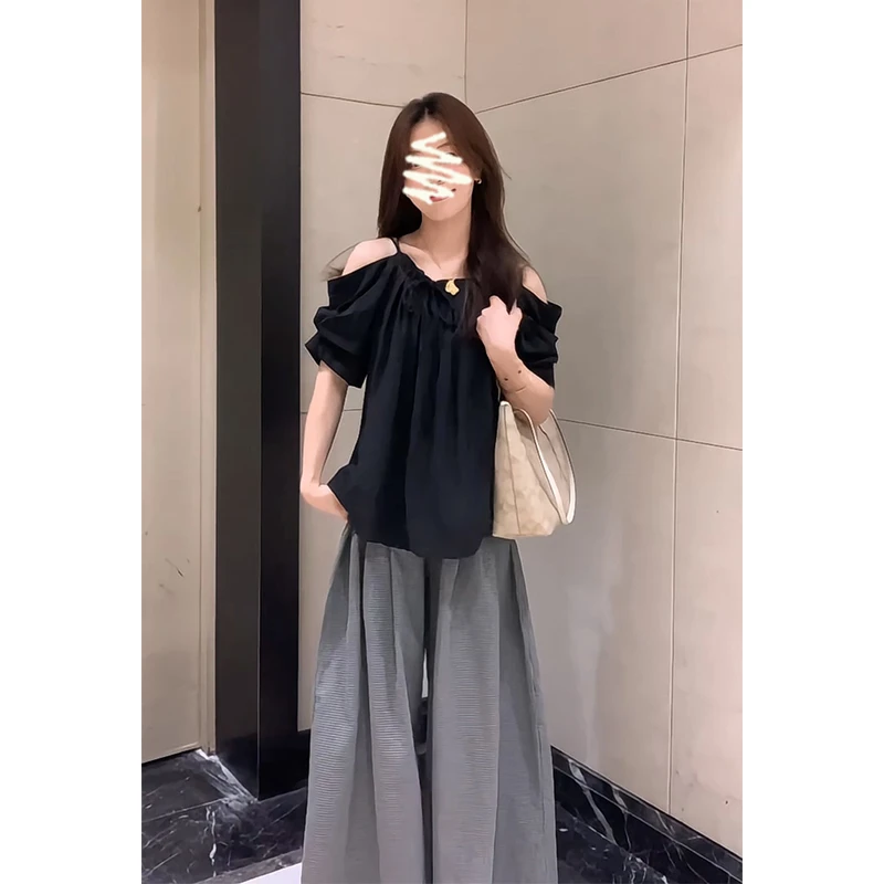 韩系设计感套装女褶皱露肩短袖上衣气质高腰显瘦阔腿长裤两件套夏