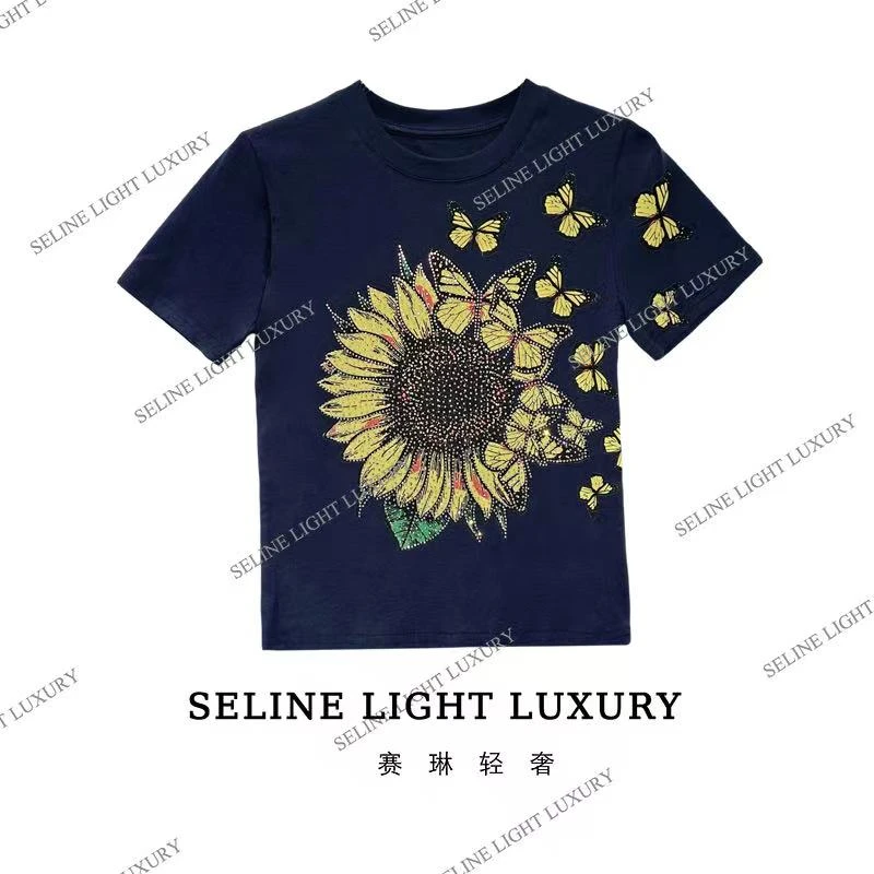 【25C-253】 太 2025 SELINE 新款向日葵印花百搭时尚圆领短袖T恤