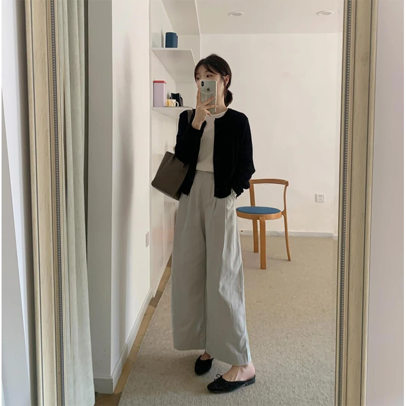 韩系松弛感穿搭一整套女早秋季高级感针织开衫外套休闲阔腿裤套装