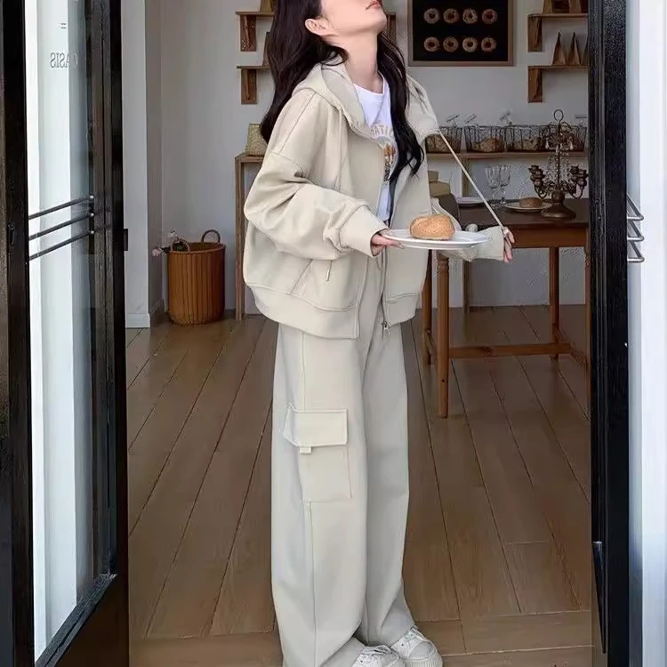 胖mm大码300斤秋休闲连帽卫衣女外套高腰垂坠感阔腿工装裤两件套2