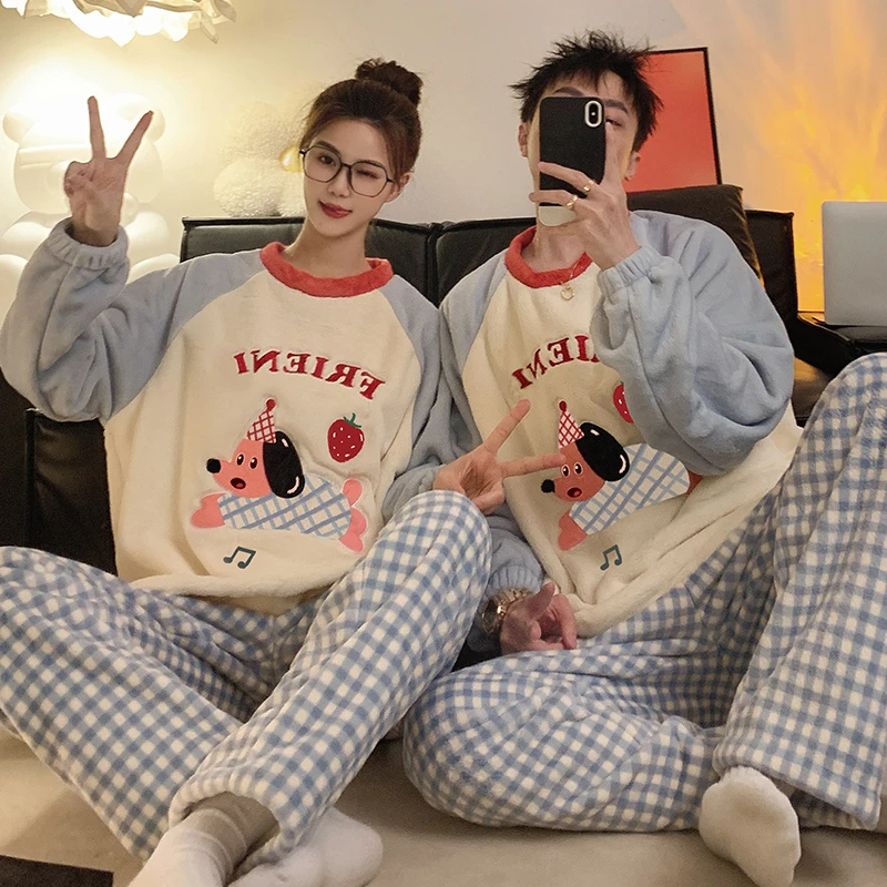 情侣睡衣套装秋冬2025年新款加绒加厚一男一女珊瑚绒法兰绒家居服