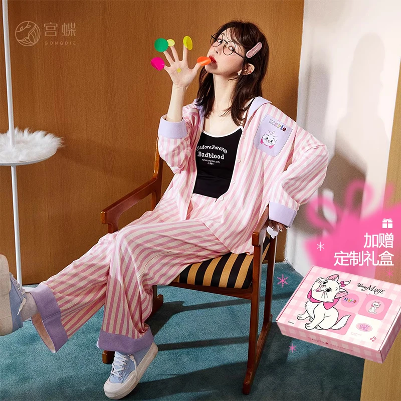 宫蝶迪士尼长袖睡衣女春秋纯棉可爱卡通条纹家居服套装
