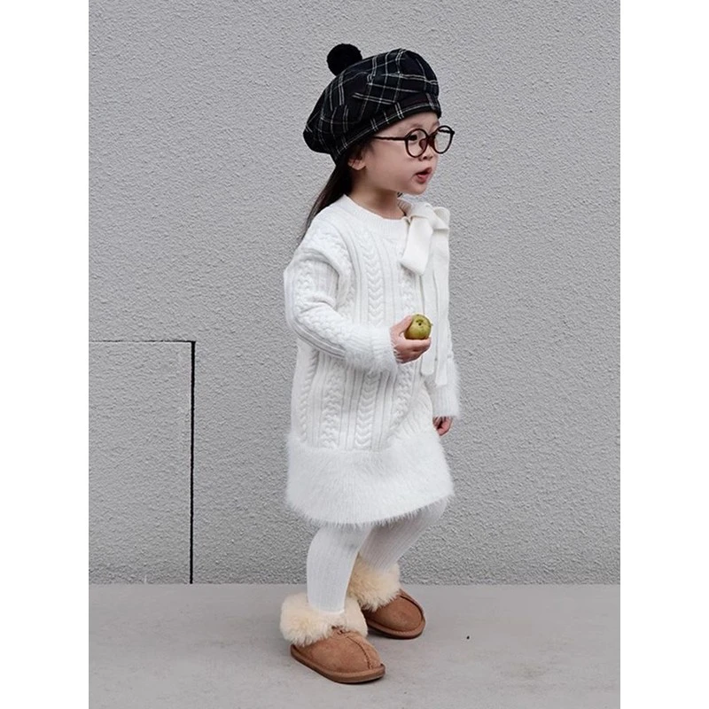 韩系童装女童连衣裙秋冬款儿童洋气白色针织裙高级感拼接公主裙子