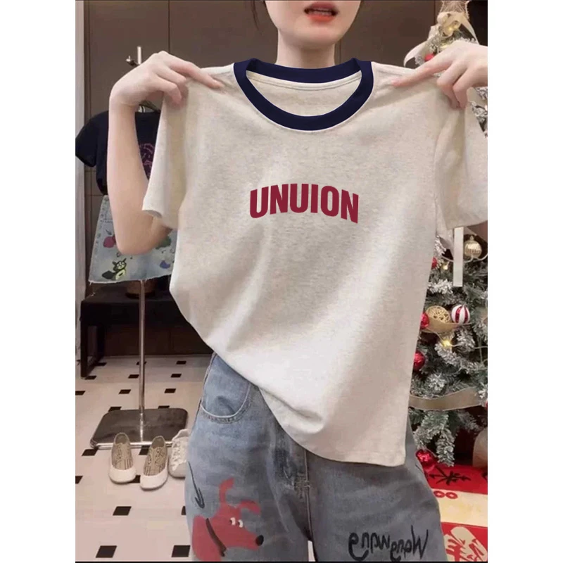 设计感小众正肩撞色纯棉圆领短袖t恤女时尚百搭减龄灰色上衣夏季