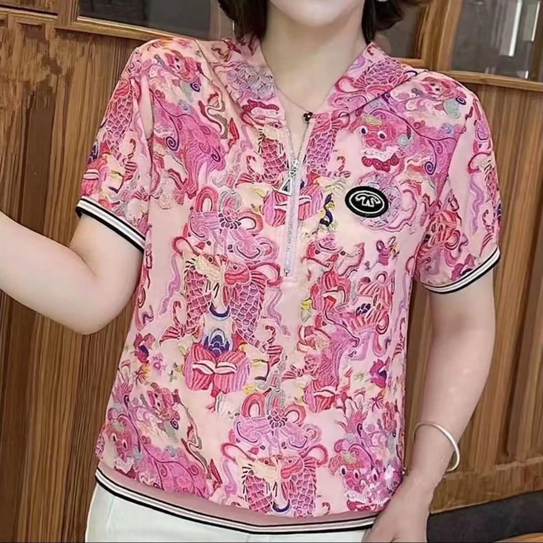 时尚洋气短袖连帽半拉链卫衣2025夏季新款显瘦减龄百搭印花上衣女