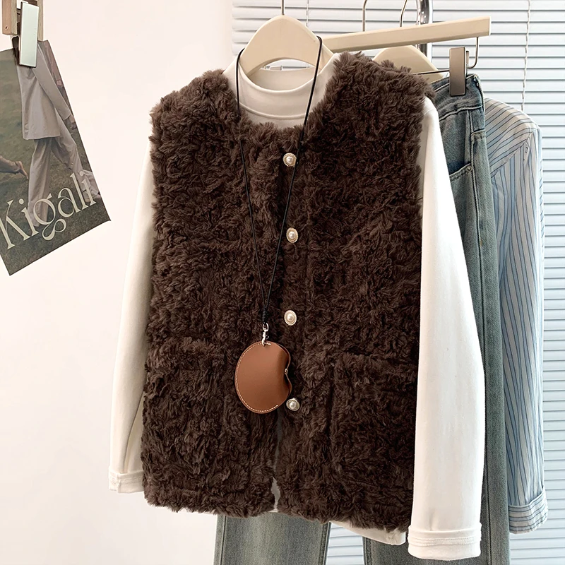 咖色毛毛保暖气质圆领马甲女2025冬季新款无袖大码马夹坎肩外套女