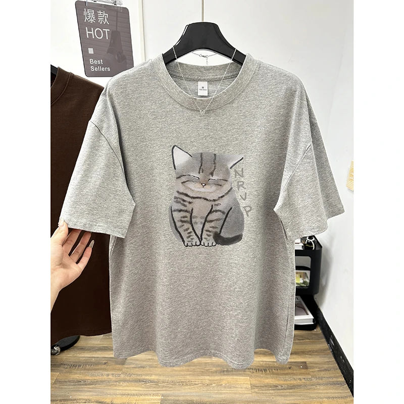 纯棉猫咪印花圆领短袖T恤女装春夏季韩版宽松时尚中长款半袖上衣