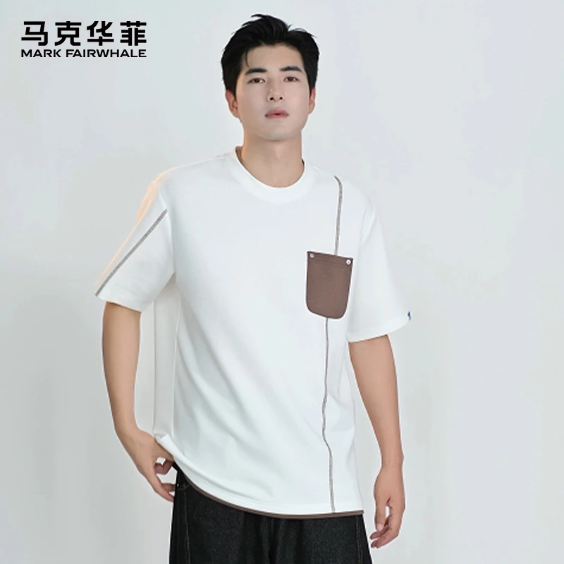 MARK FAIRWHALE/马克华菲设计辑线撞色拼接口袋短袖t恤男圆领半袖