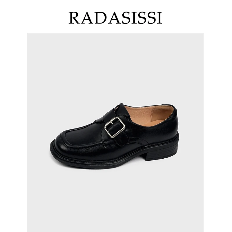 RAORAOWU/4cm/牛皮/34-40 复古方头皮带扣粗跟学院风小皮鞋女春秋