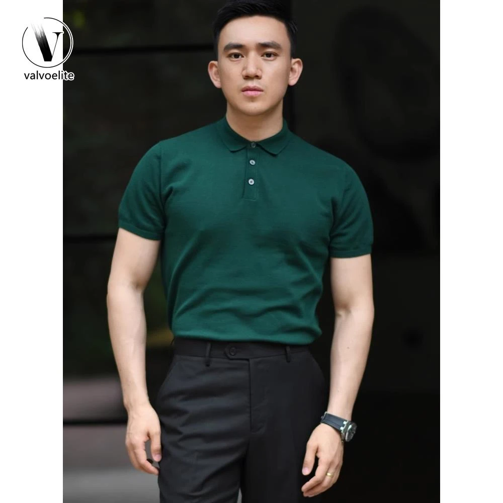 VALVOELITE意式马球夏季男士墨绿色针织体恤美式复古翻领短袖上衣