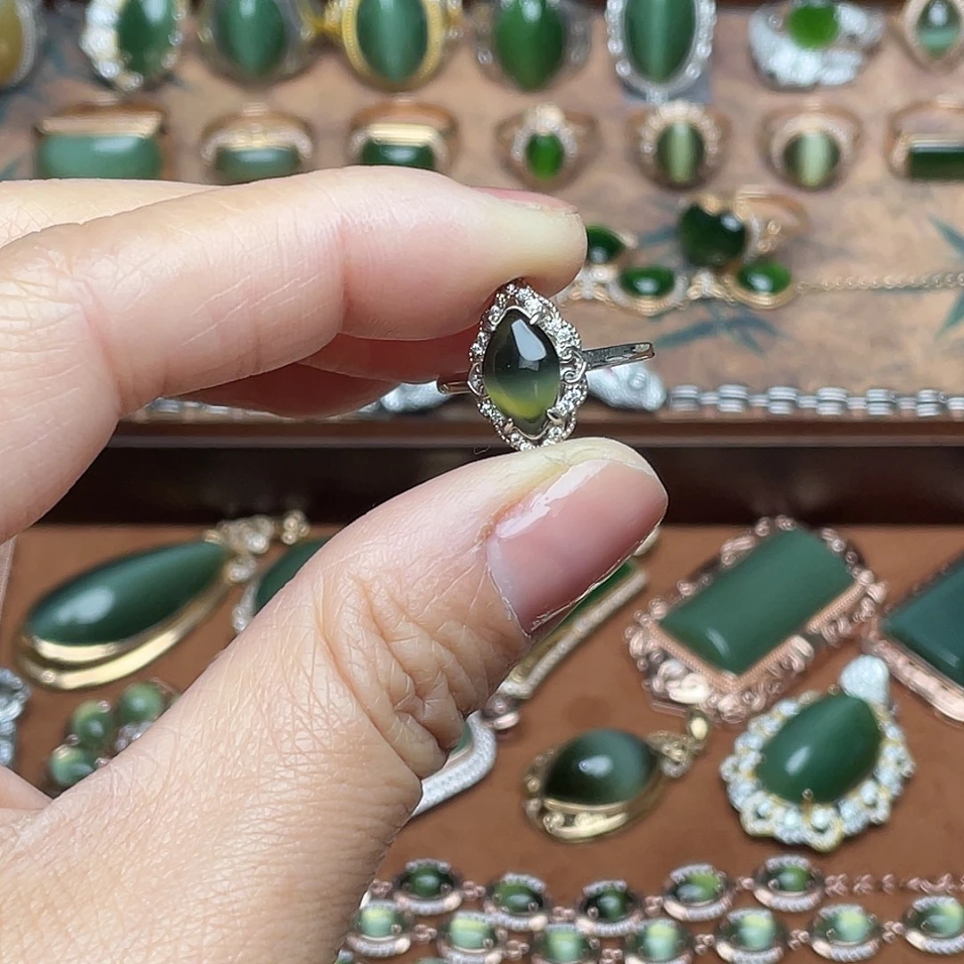 和田玉（碧玉）银S925镶嵌吊坠(不含链)戒指