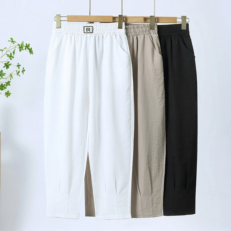 中老年女棉麻九分萝卜裤2025新款妈妈裤子夏季薄款哈伦裤宽松休闲