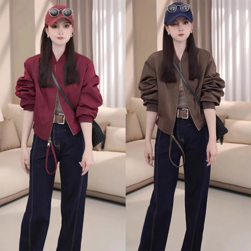 时尚短款红色棒球服外套女春季2025新款小个子设计感开衫运动上衣