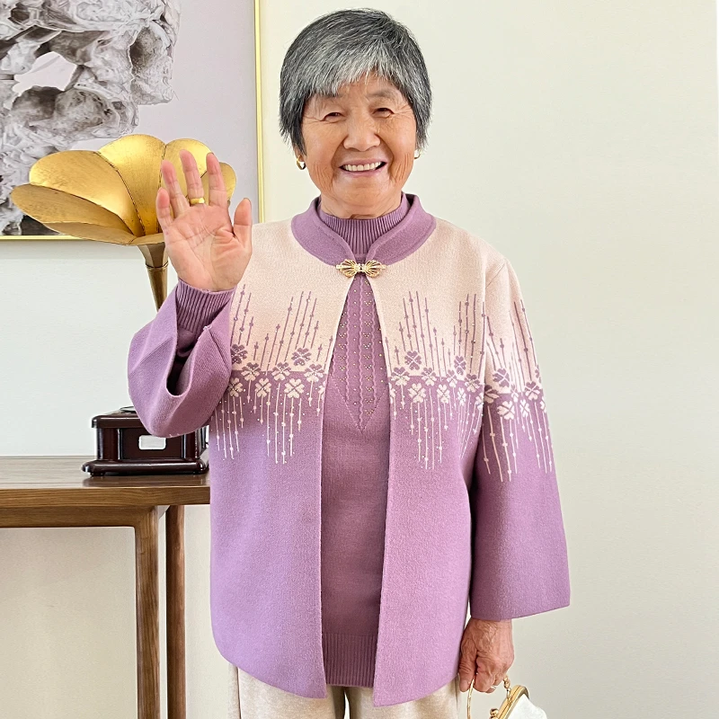 妈妈中老年秋装洋气针织两件套老年人奶奶新款春秋季气质套装衣服