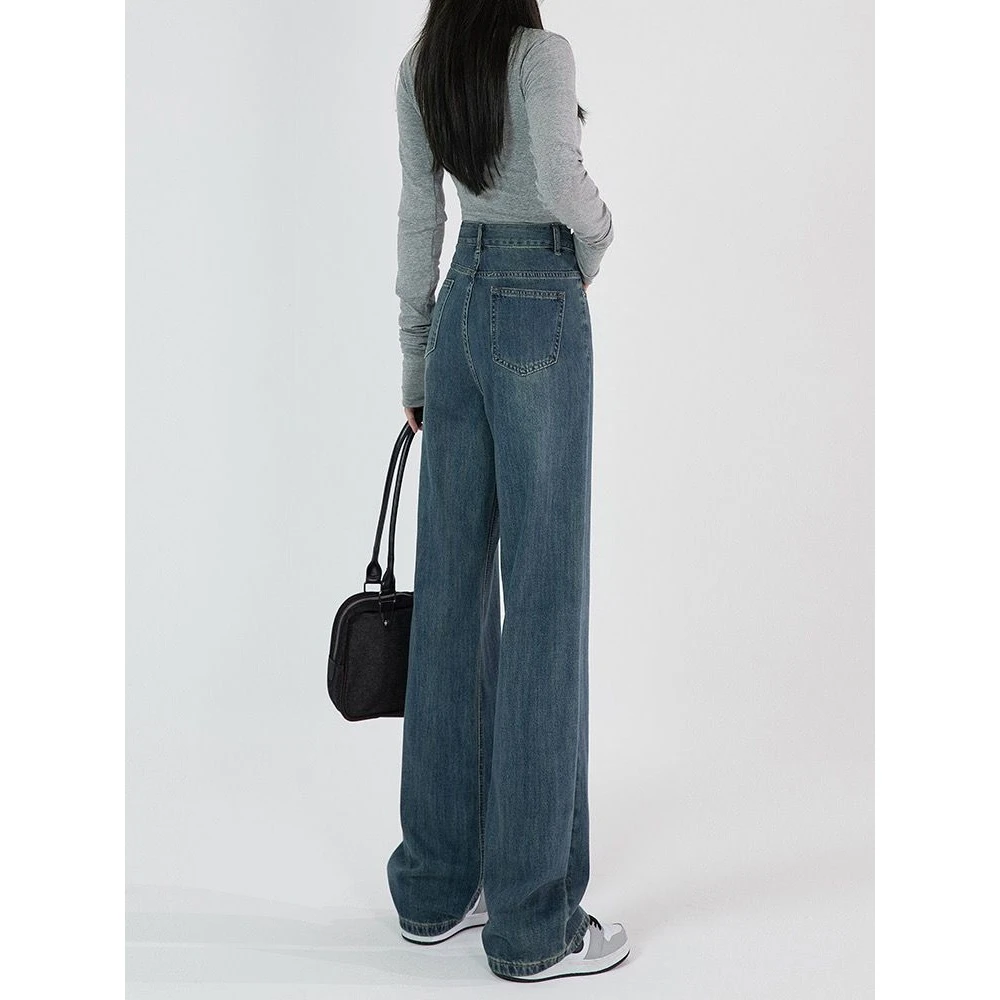 复古直筒牛仔裤女秋夏新款2025年梨形身材显瘦高腰宽松拖地阔腿裤